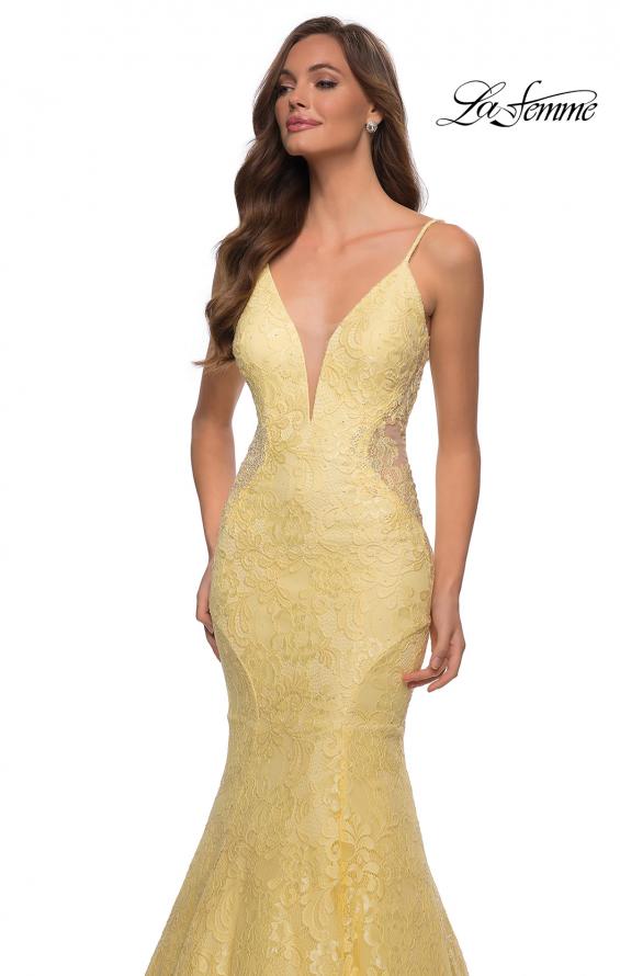 Picture of: Long Mermaid Lace Dress with Back Rhinestone Detail in Pale Yellow, Style: 28355, Detail Picture 17