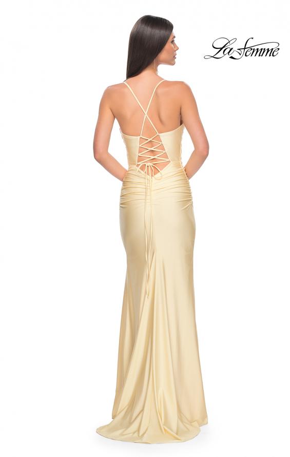 Picture of: Ruched Jersey Prom Dress with Slit in Pale Yellow, Style: 31131, Back Picture