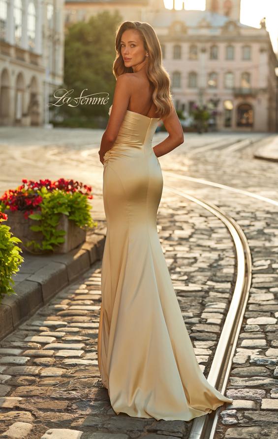 Yellow Picture of: Strapless Satin Gown with Fitted Silhouette in Pale Yellow, Style: 33546, Back Picture