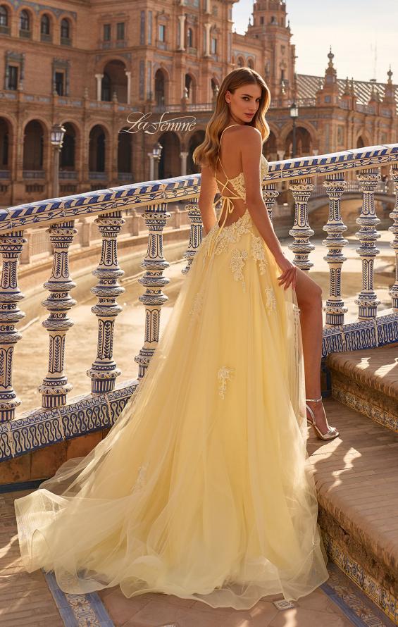 Picture of: Floral Beaded Tulle Gown with Slit and Lace-Up Back in Pale Yellow, Style: 33716, Back Picture
