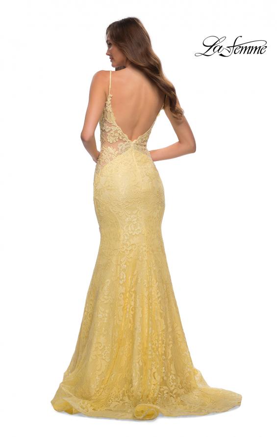 Picture of: Long Mermaid Lace Dress with Back Rhinestone Detail in Pale Yellow, Style: 28355, Detail Picture 18