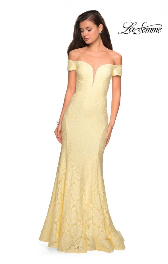 Picture of: Stretch Lace Off the Shoulder Mermaid Prom Dress in Pale Yellow, Style: 27613, Detail Picture 1