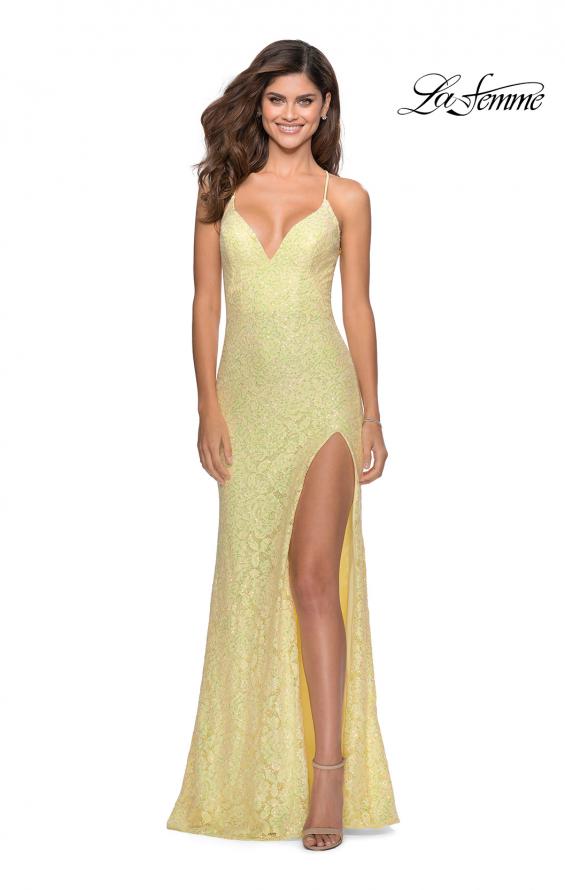 Picture of: Sequin Lace Prom Dress with Plunging Neckline in Pale Yellow, Style: 28359, Detail Picture 1