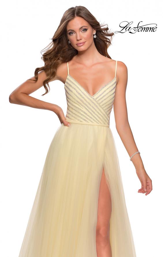 Picture of: Tulle A-line Dress with Patterned Rhinestone Bodice in Pale Yellow, Style: 28511, Detail Picture 1