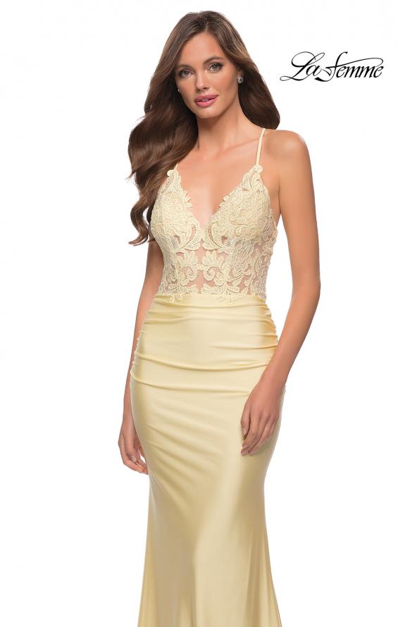 Picture of: Gorgeous Jersey Dress with Lace Top and Open Back in Pale Yellow, Style 29688, Detail Picture 1