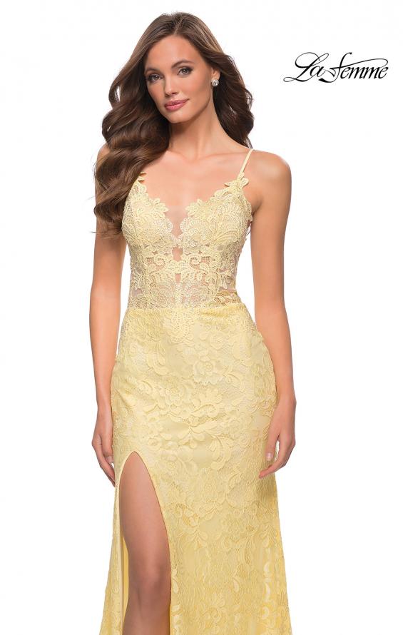 Picture of: Stretch Lace Long Dress with Deep V Neckline in Pale Yellow, Style 29842, Detail Picture 1