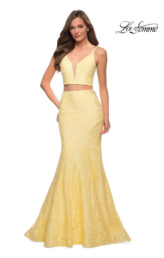 Picture of: Mermaid Two Piece Gown with Deep V and Rhinestones in Pale Yellow, Style 29970, Detail Picture 1