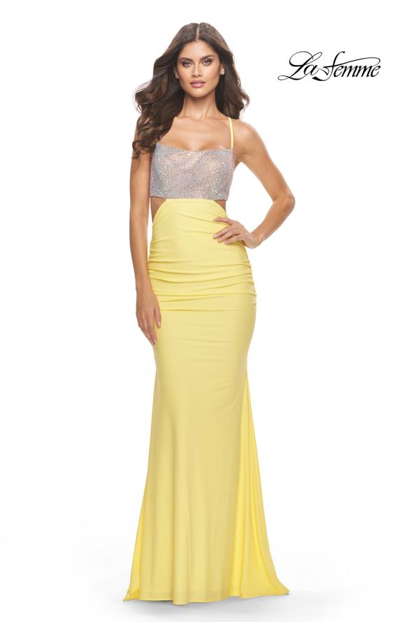 Picture of: Long Jersey Prom Dress with Rhinestone Sheer Bodice in Pale Yellow, Style: 31338, Detail Picture 1