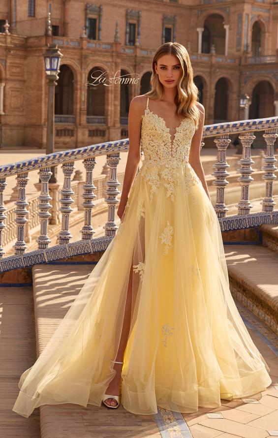 Picture of: Floral Beaded Tulle Gown with Slit and Lace-Up Back in Pale Yellow, Style: 33716, Detail Picture 1
