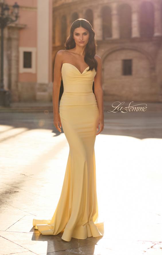 Picture of: Strapless Jersey Mermaid Gown with Ruched Bodice and Lace-Up Back in Pale Yellow, Style: 33864, Detail Picture 1