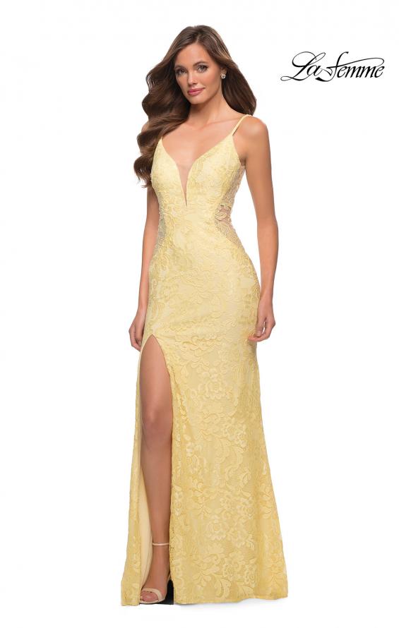 Picture of: Chic Long Stretch Lace Gown with Sheer Rhinestone Back in Pale Yellow, Style 29679, Detail Picture 2