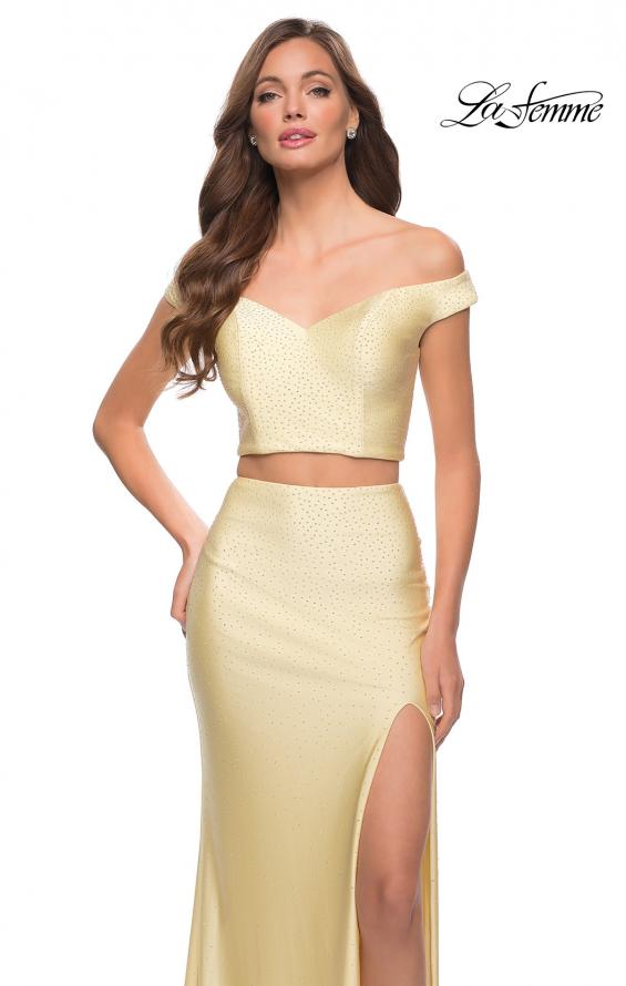 Picture of: Rhinestone Off the Shoulder Jersey Two Piece Prom Dress in Pale Yellow, Style 29951, Detail Picture 2