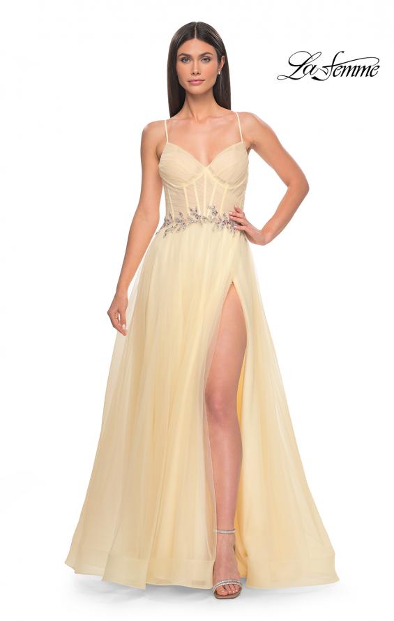 Picture of: A-Line Prom Gown with Ruched Bodice and Rhinestone Belt Detail in Pale Yellow, Style: 32117, Detail Picture 2