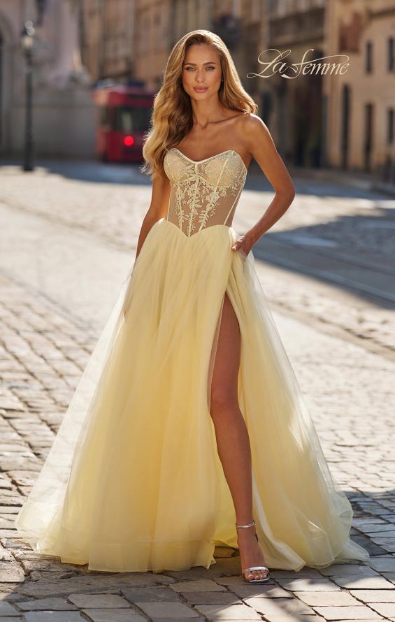 Picture of: Strapless Corset Gown with Tulle Skirt and High Slit in Pale Yellow, Style: 33491, Detail Picture 2