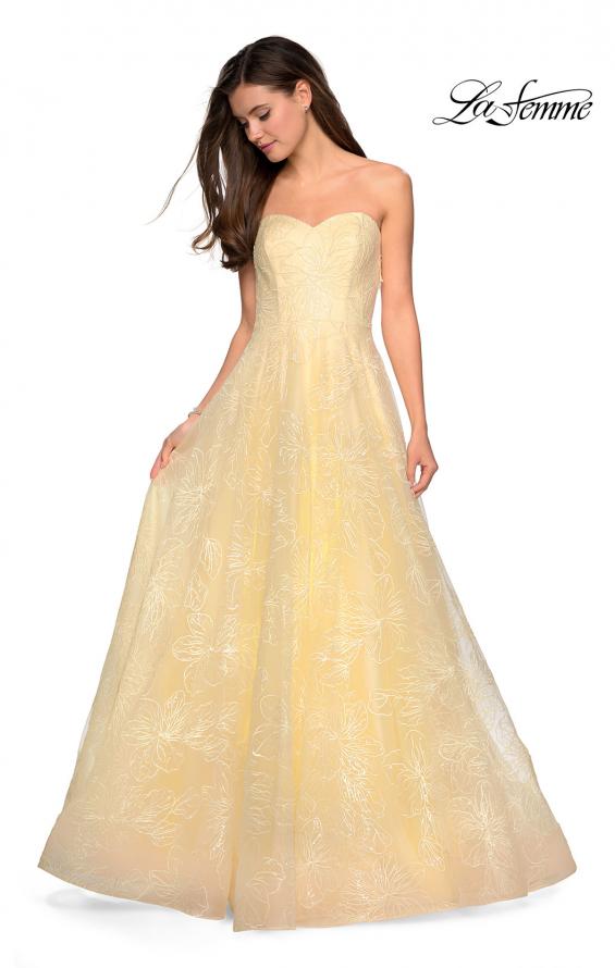 Picture of: Strapless Long Ball Gown with Floral Printed Design in Pale Yellow, Style: 27324, Detail Picture 3