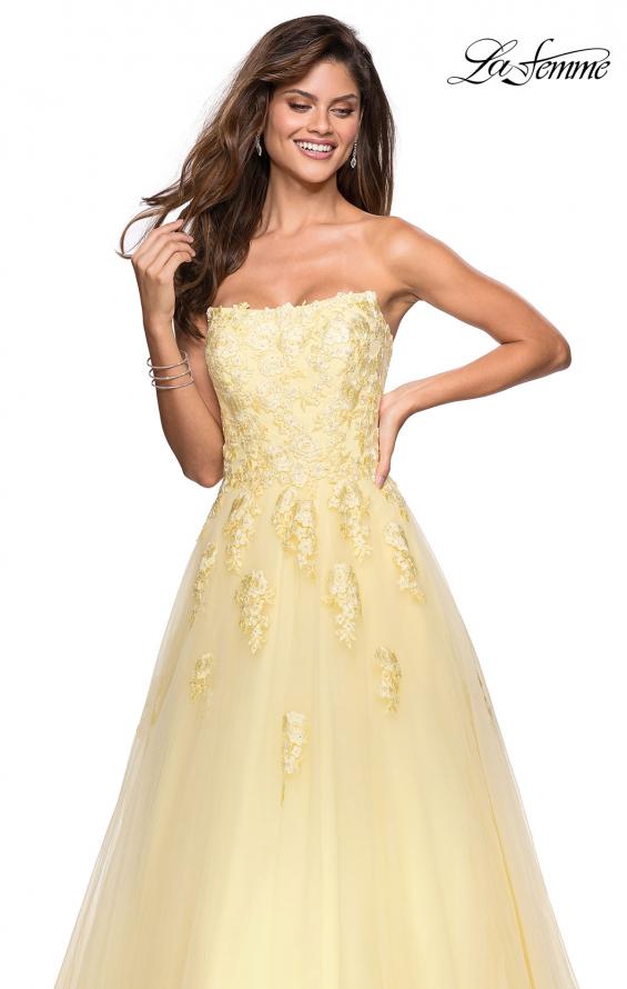 Picture of: Lace Accented Strapless Ball Gown with Pockets in Pale Yellow, Style: 27330, Detail Picture 3