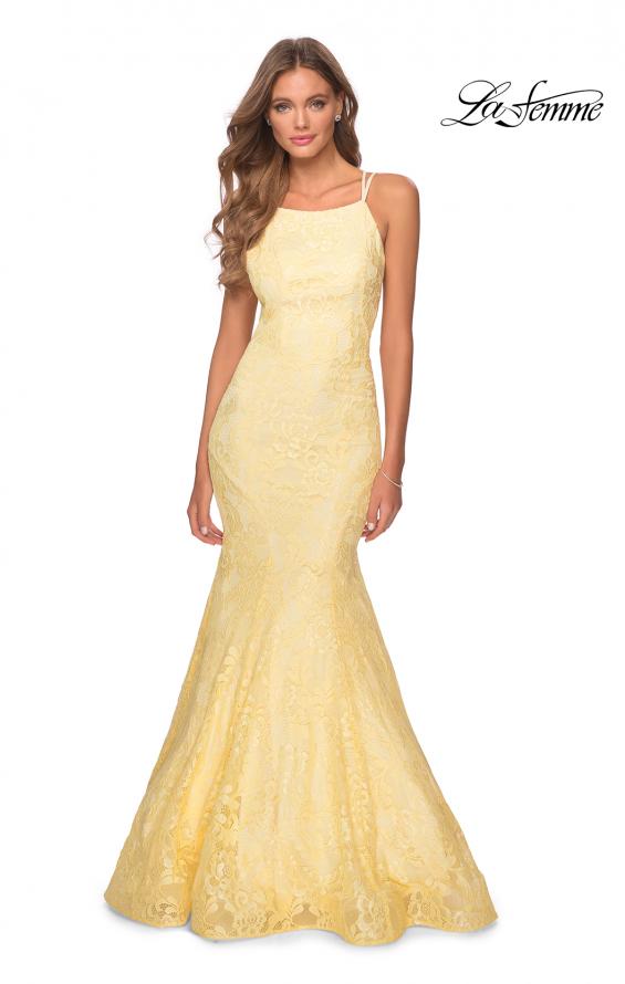 Picture of: Lace Prom Dress with Rhinestones and Strappy Back in Pale Yellow, Style 28140, Detail Picture 3