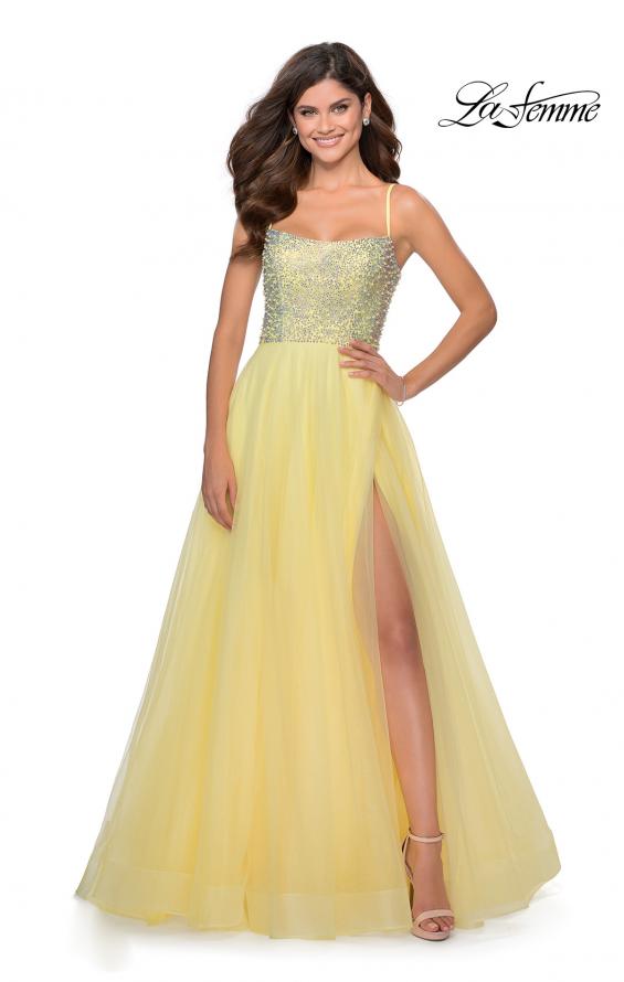 Picture of: Long Tulle Ball Gown with Beaded Bodice and Slit in Pale Yellow, Style: 28530, Detail Picture 3