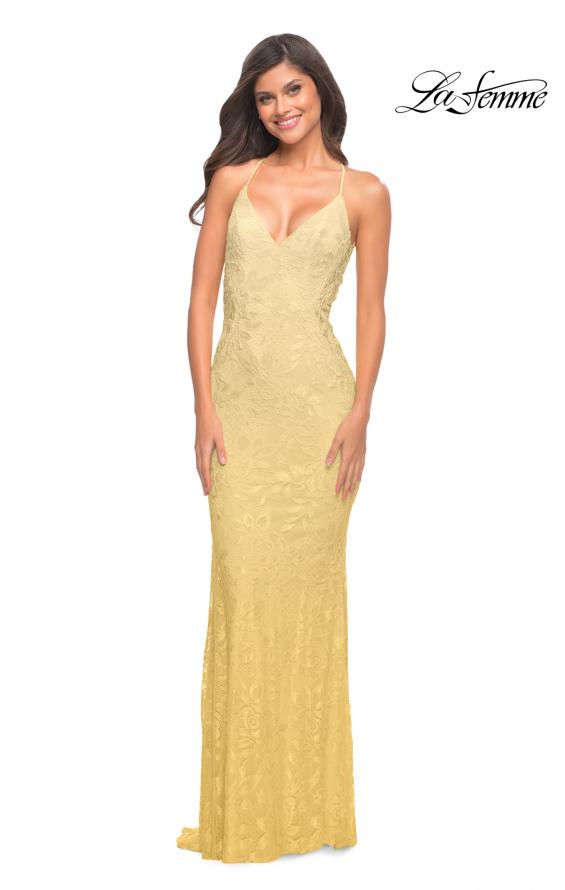 Picture of: Lace Prom Dress with Illusion Embellished Sides in Pale Yellow, Style: 30474, Detail Picture 3