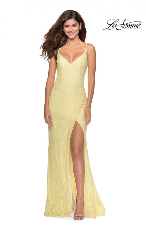 Picture of: Lace Prom Gown with Rhinestones and Tie Up Back in Pale Yellow, Style: 28548, Detail Picture 4