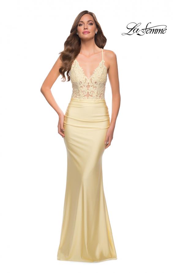 Picture of: Gorgeous Jersey Dress with Lace Top and Open Back in Pale Yellow, Style 29688, Detail Picture 4