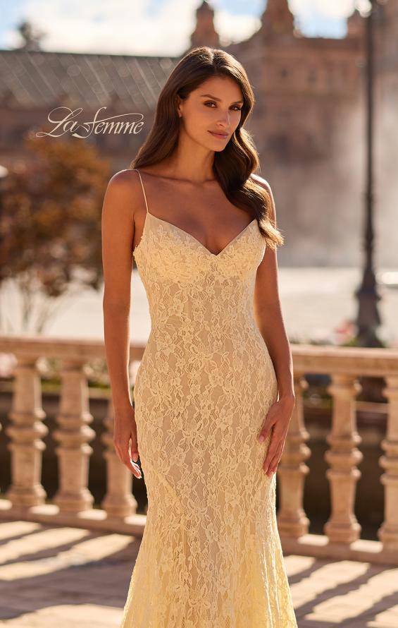 Picture of: Lace Fitted Gown with Sheer Back and Spaghetti Straps in Pale Yellow, Style: 33452, Detail Picture 4