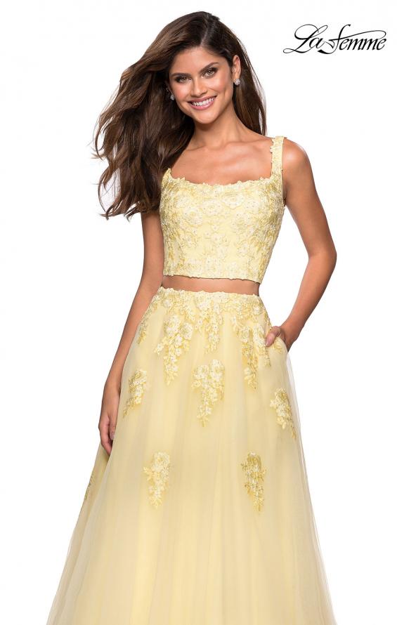 Picture of: Two Piece Floor Length Prom Dress with Lace Detail in Pale Yellow, Style: 27489, Detail Picture 5
