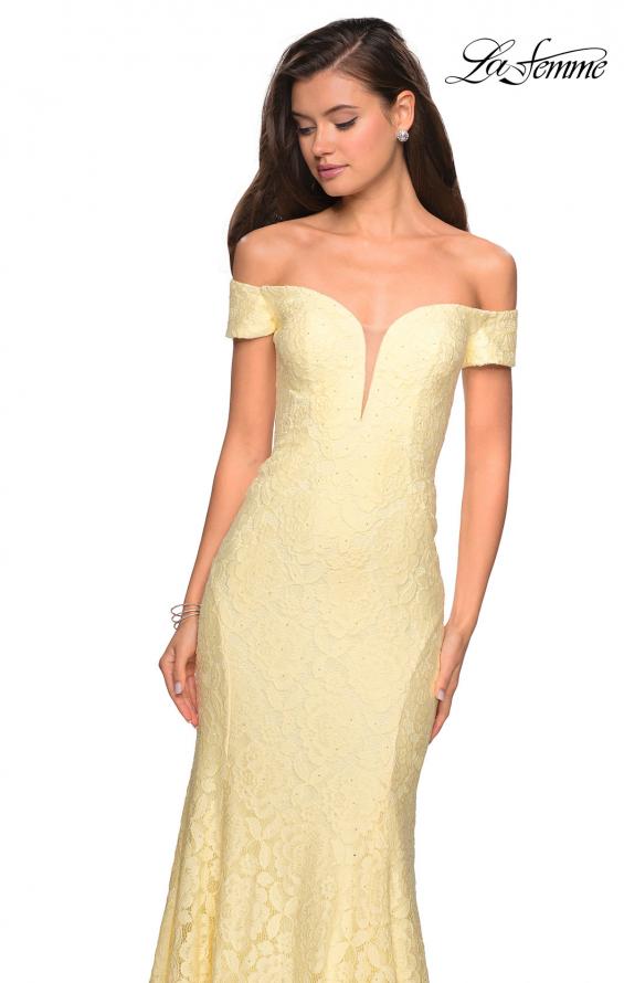 Picture of: Stretch Lace Off the Shoulder Mermaid Prom Dress in Pale Yellow, Style: 27613, Detail Picture 5