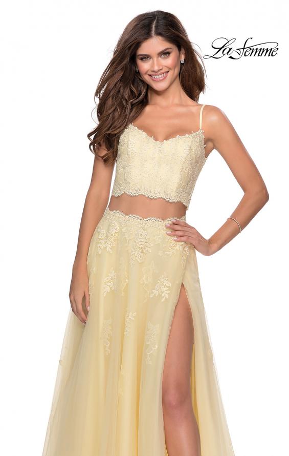 Picture of: Long Two Piece Tulle Gown with Floral Embroidery in Pale Yellow, Style: 28271,, Detail Picture 5