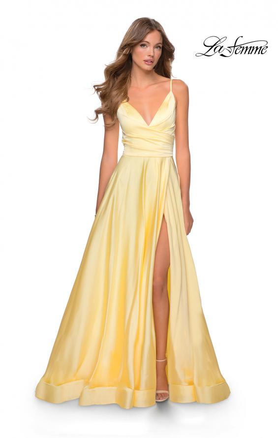 Picture of: Long Satin Dress with Side Slit and V Shaped Back in Pale Yellow, Style: 28607, Detail Picture 5