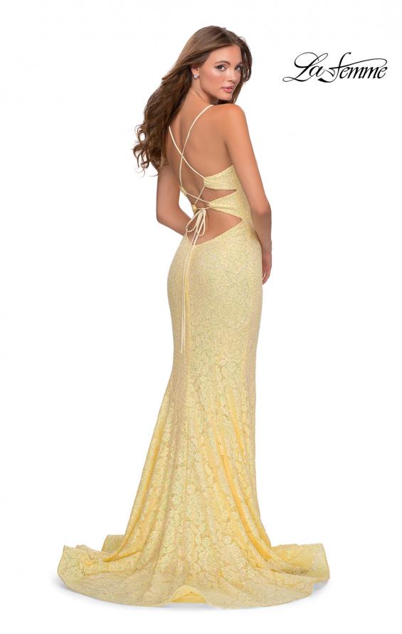 Picture of: Long Stretch Lace Prom Dress with Plunging Neckline in Pale Yellow, Style: 28640, Detail Picture 5