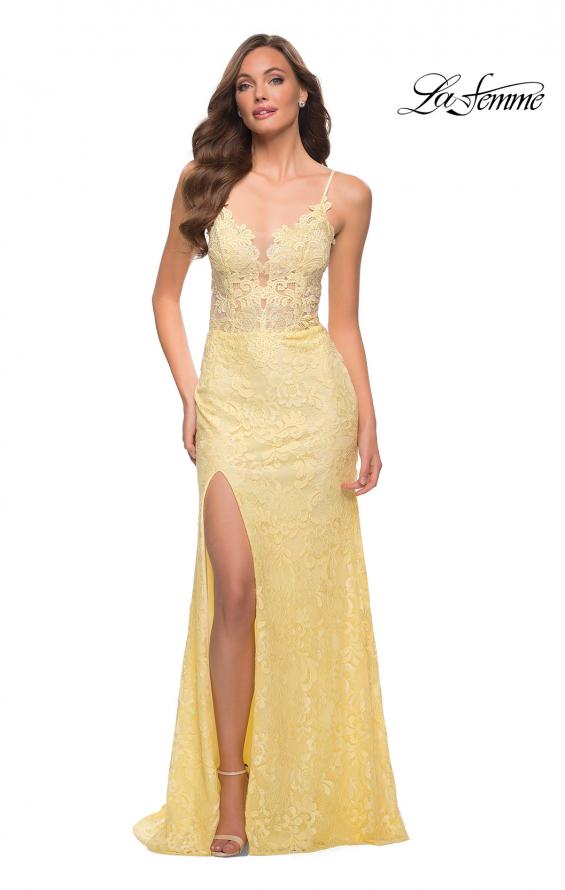 Picture of: Stretch Lace Long Dress with Deep V Neckline in Pale Yellow, Style 29842, Detail Picture 5
