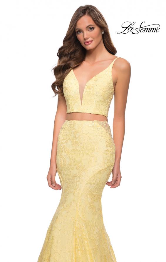 Picture of: Mermaid Two Piece Gown with Deep V and Rhinestones in Pale Yellow, Style 29970, Detail Picture 5