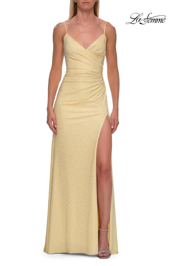 Yellow Picture of: Ruched Rhinestone Wrap Gown with Lace-Up Back and High Slit in Pale Yellow, Style: 33340, Detail Picture 5