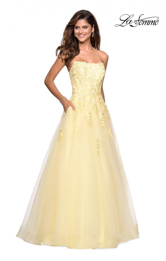 Picture of: Lace Accented Strapless Ball Gown with Pockets in Pale Yellow, Style: 27330