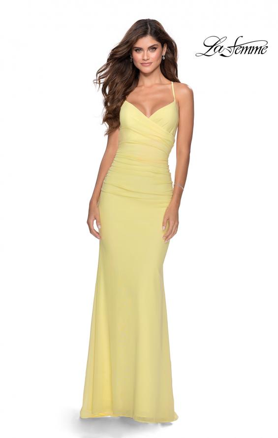 Picture of: Fitted Jersey Long Dress with Lace Up Back in Pale Yellow, Style: 28541, Detail Picture 6