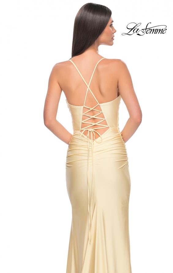 Picture of: Ruched Jersey Prom Dress with Slit in Pale Yellow, Style: 31131, Detail Picture 6