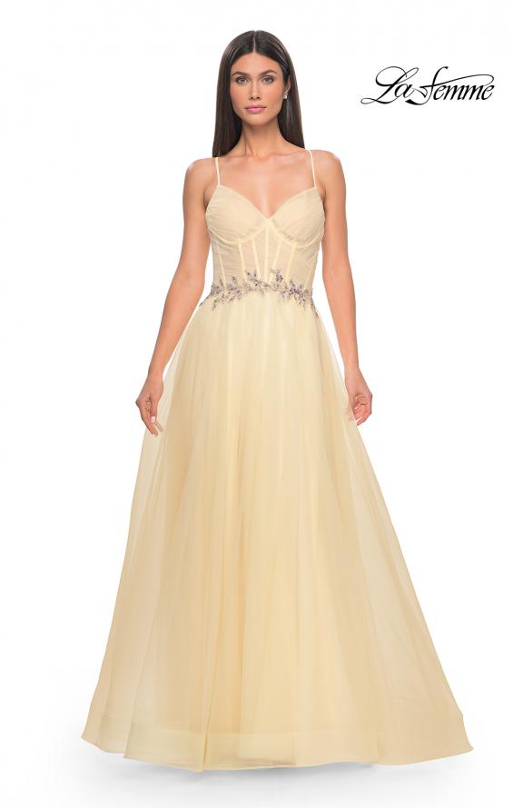 Picture of: A-Line Prom Gown with Ruched Bodice and Rhinestone Belt Detail in Pale Yellow, Style: 32117, Detail Picture 6