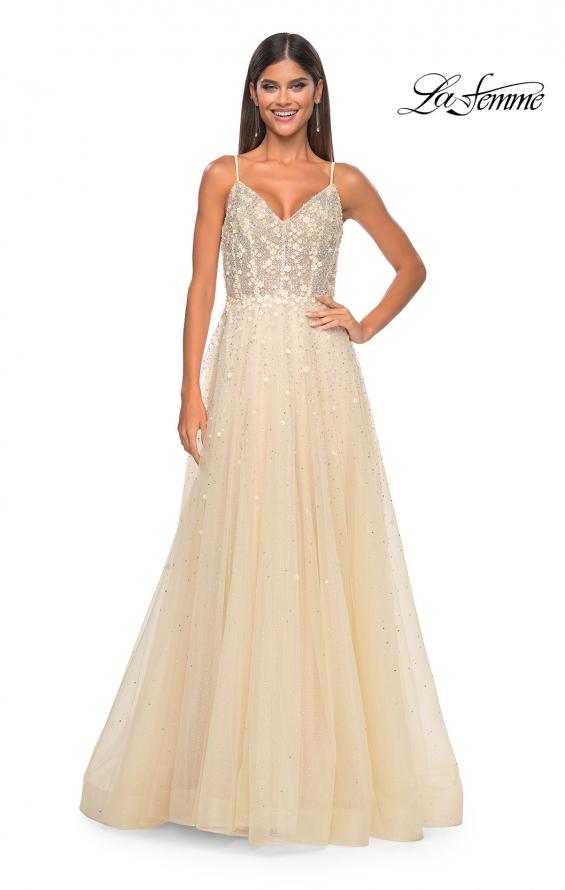 Picture of: A-Line Tulle Gown with Unique Floral and Rhinestone Details in Pale Yellow, Style: 32215, Detail Picture 6