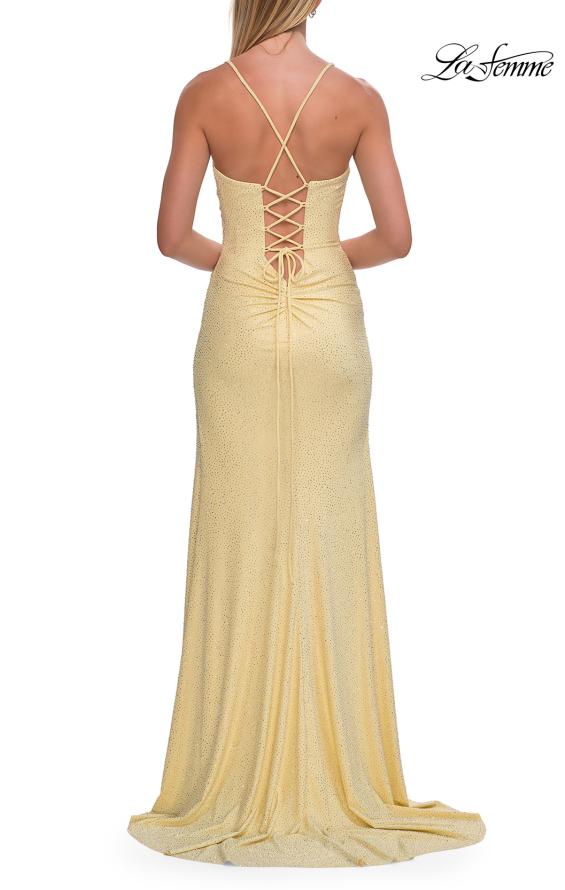 Yellow Picture of: Ruched Rhinestone Wrap Gown with Lace-Up Back and High Slit in Pale Yellow, Style: 33340, Detail Picture 6