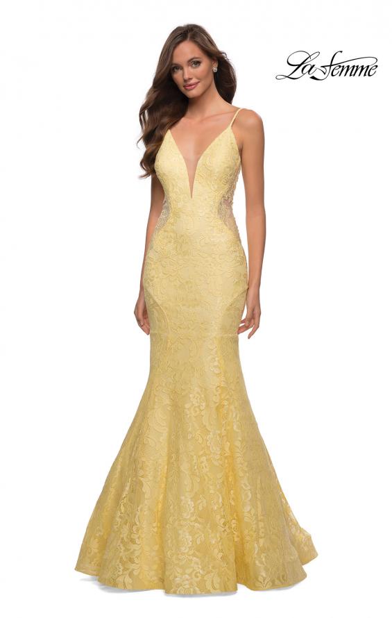 Picture of: Long Mermaid Lace Dress with Back Rhinestone Detail in Pale Yellow, Style: 28355, Detail Picture 7