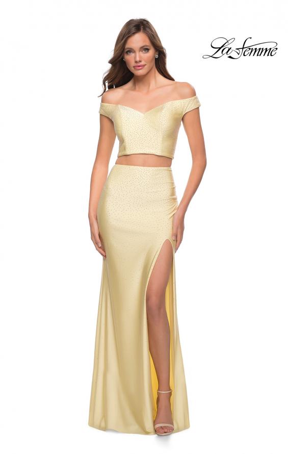 Picture of: Rhinestone Off the Shoulder Jersey Two Piece Prom Dress in Pale Yellow, Style 29951, Detail Picture 7