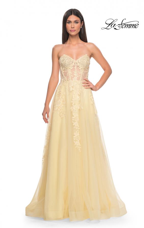 Picture of: Sweetheart Strapless Gown with Beautiful Lace Applique in Pale Yellow, Style: 32082, Detail Picture 7