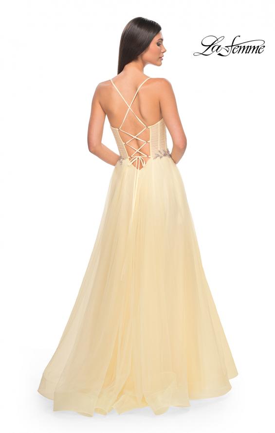 Picture of: A-Line Prom Gown with Ruched Bodice and Rhinestone Belt Detail in Pale Yellow, Style: 32117, Detail Picture 7