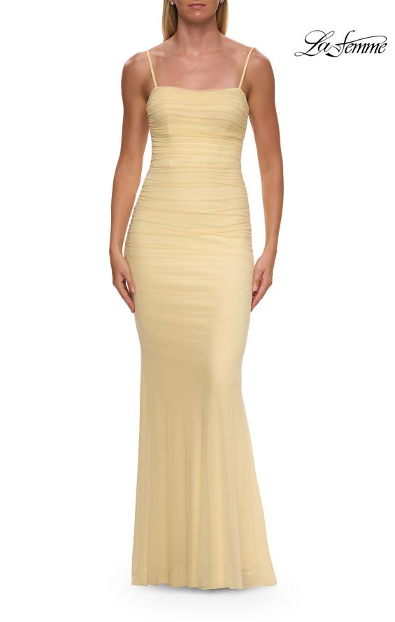 Yellow Picture of: Ruched Jersey Gown with Low Rhinestone Detail Back in Pale Yellow, Style: 33560, Detail Picture 7