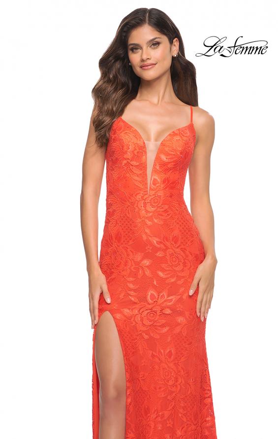 Picture of: Papaya Stretch Lace Prom Dress with Deep V Neckline in Papaya, Detail Picture 1