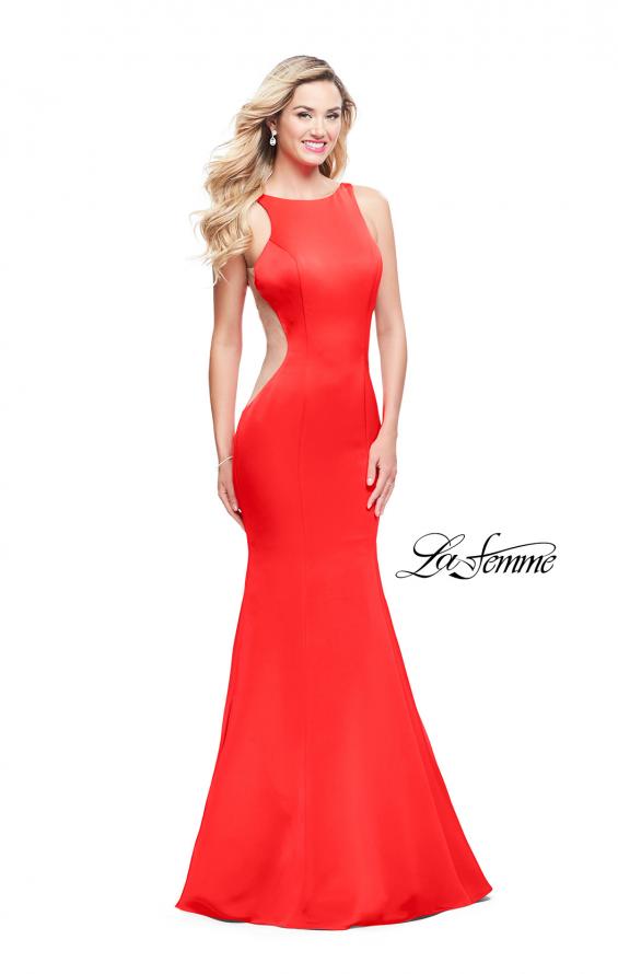 Picture of: Satin Mermaid Prom Gown with Mesh and Scoop Back in Papaya, Style: 26076, Detail Picture 2