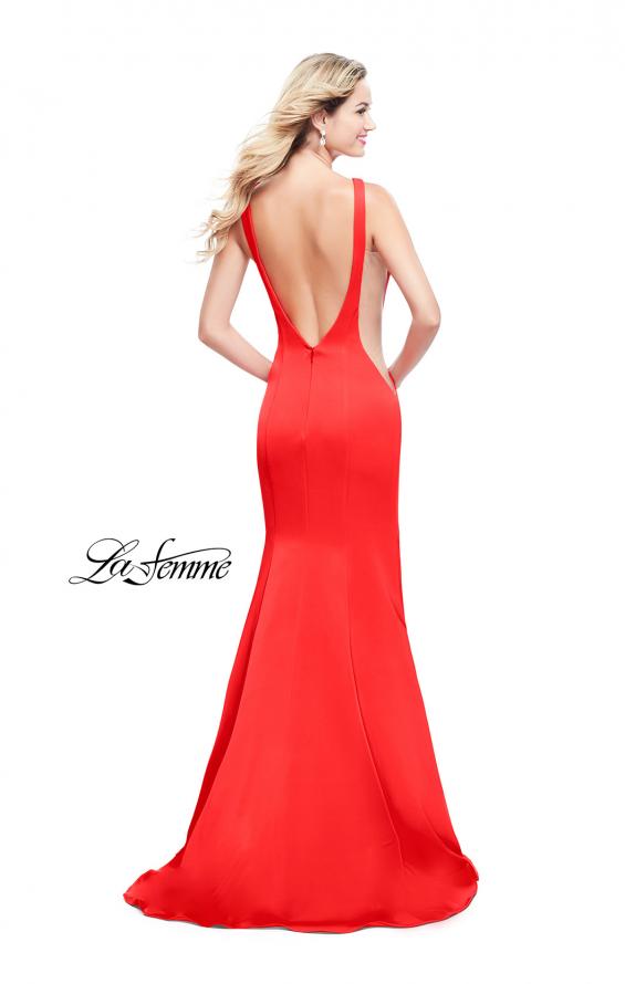 Picture of: Satin Mermaid Prom Gown with Mesh and Scoop Back in Papaya, Style: 26076, Detail Picture 3
