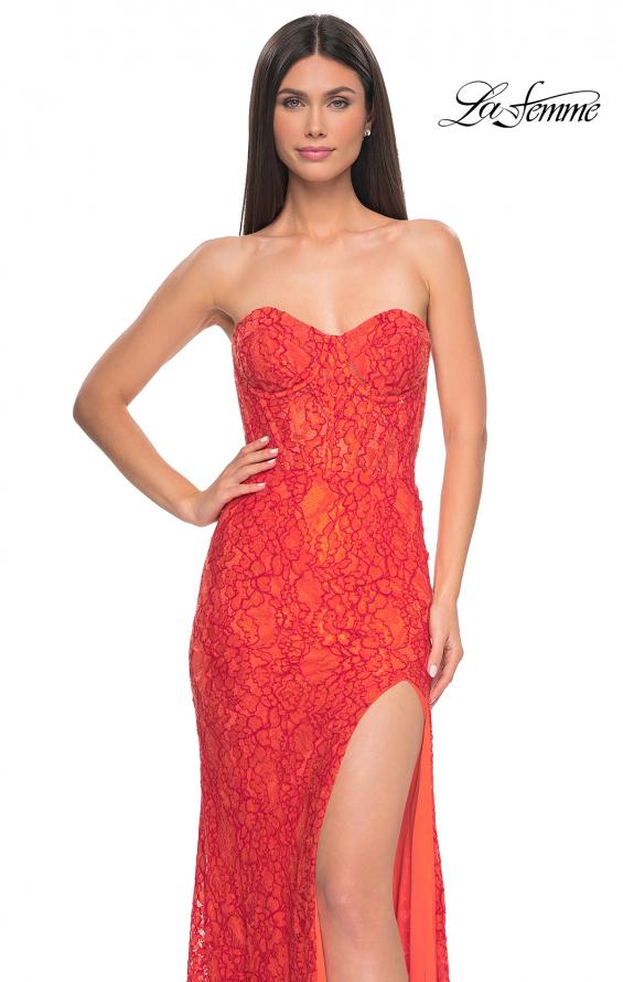 Picture of: Stretch Lace Dress with Bustier Bodice and Illusion Back in Papaya, Style: 32298, Detail Picture 6