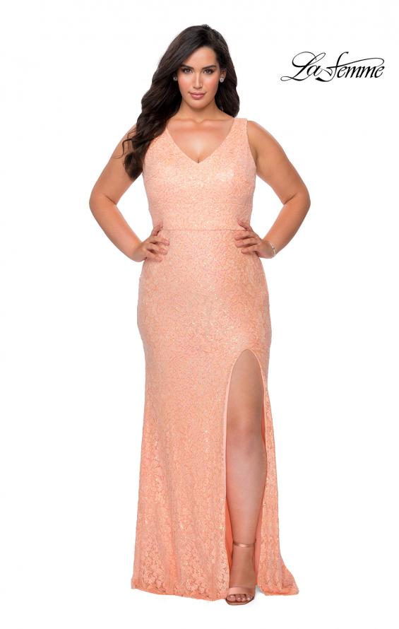 Picture of: Printed Sequin Plus Size Dress for Curves with V-Neck in Peach, Style: 29001, Detail Picture 1